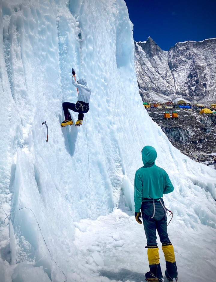 Refining fixed rope techniques on steep ice - Photo Mark Postle