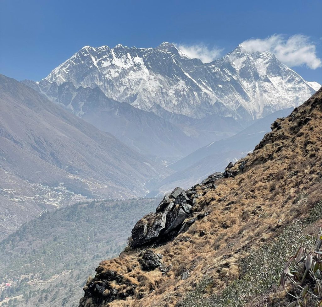 Nuptse (left), Everest (behind, center) and Lhotse (right) from Tengboche - Photo Casey Grom